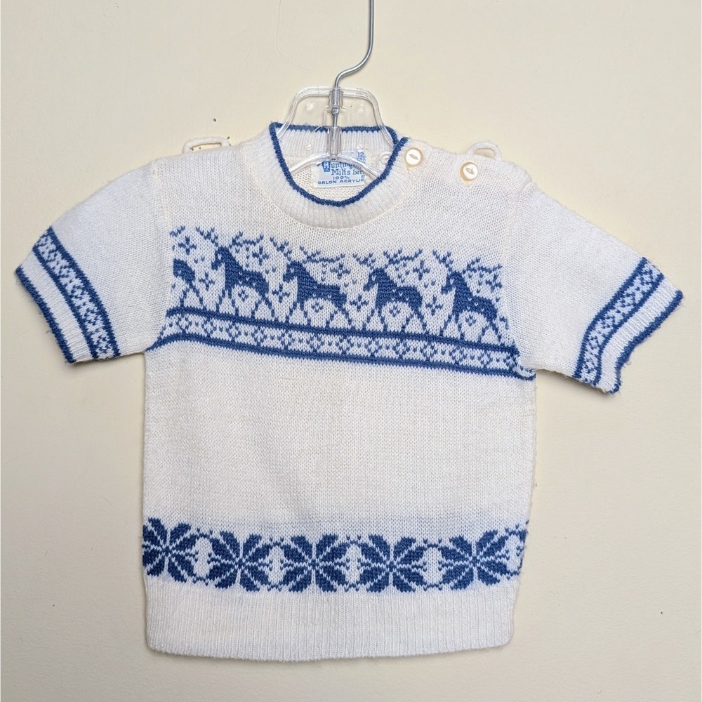Vintage 60s Huntingdon Mills Moose Winter Short Sleeve Sweater Baby 12 Months